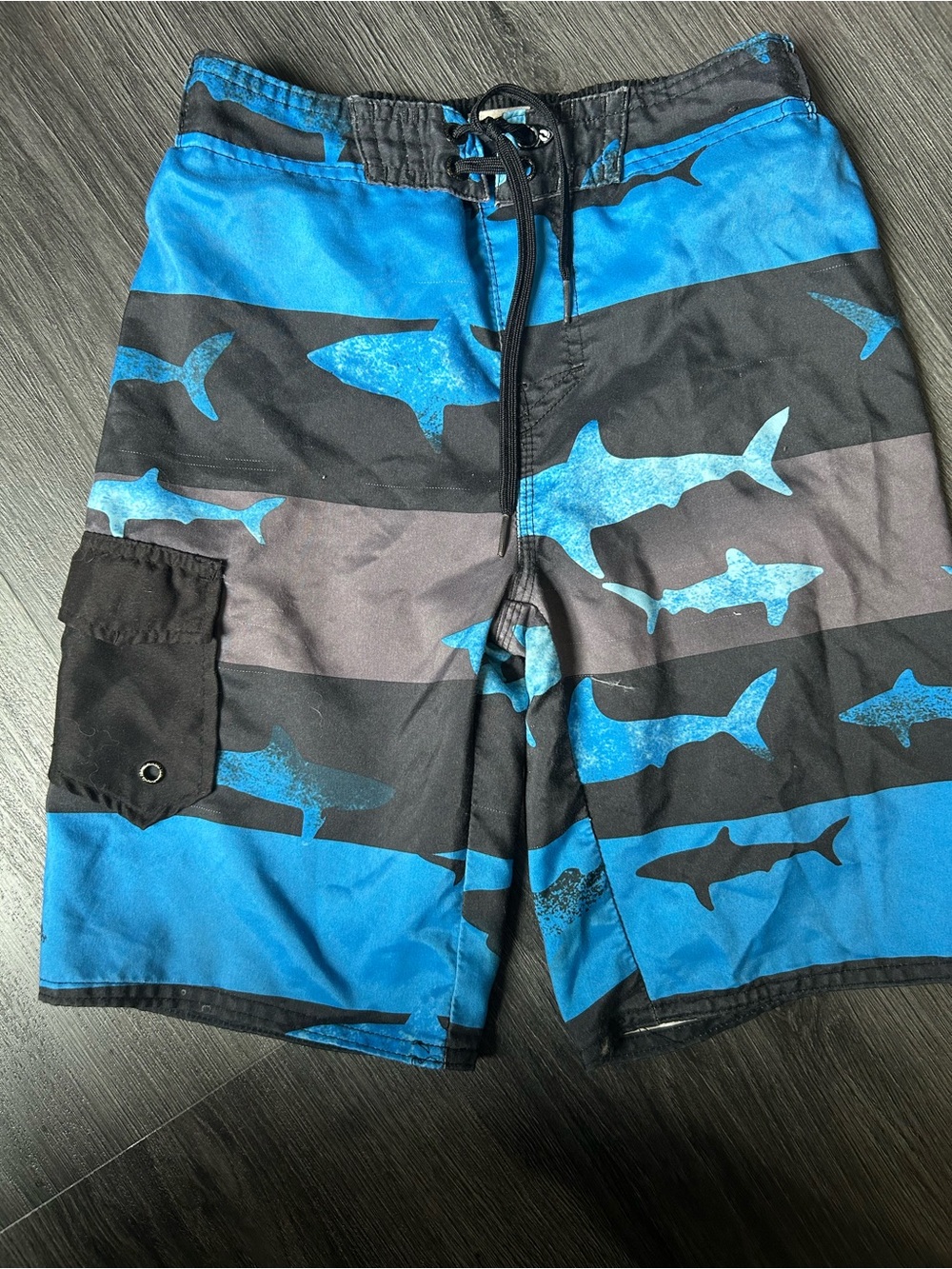 Hang Ten Black and Blue Shark-Stripe Board Shorts